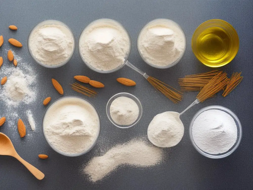 Illustration of Flour with whisk and three different types of flour all-purpose, whole wheat, almond