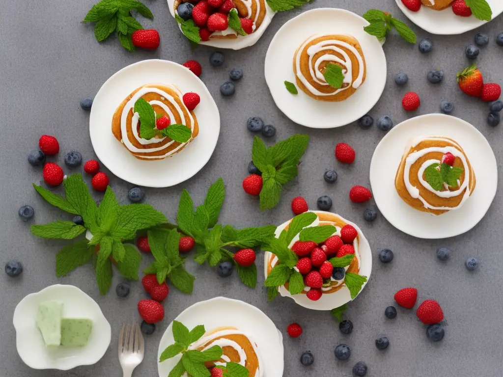 A delicious-looking plate of cinnamon rolls with icing and berries, arranged in a circular pattern and garnished with a sprig of mint.