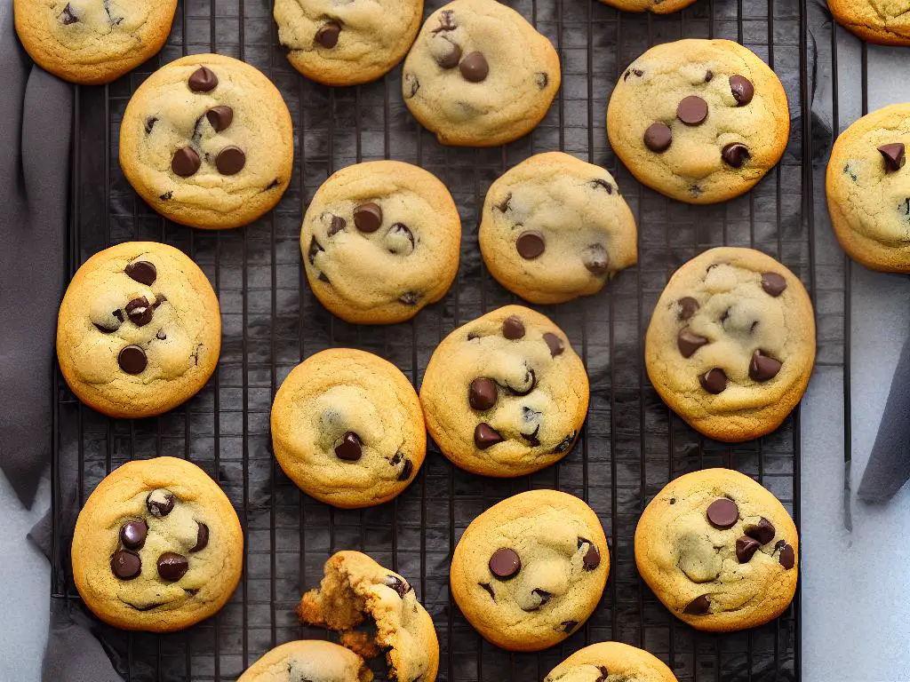 A batch of freshly baked chocolate chip cookies on a cooling rack, their golden brown edges crispy and the chocolate chips still melted in the center.