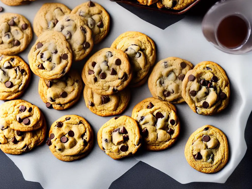 Image of a batch of chocolate chip cookies with some in a container and some wrapped in plastic wrap sitting on a counter.