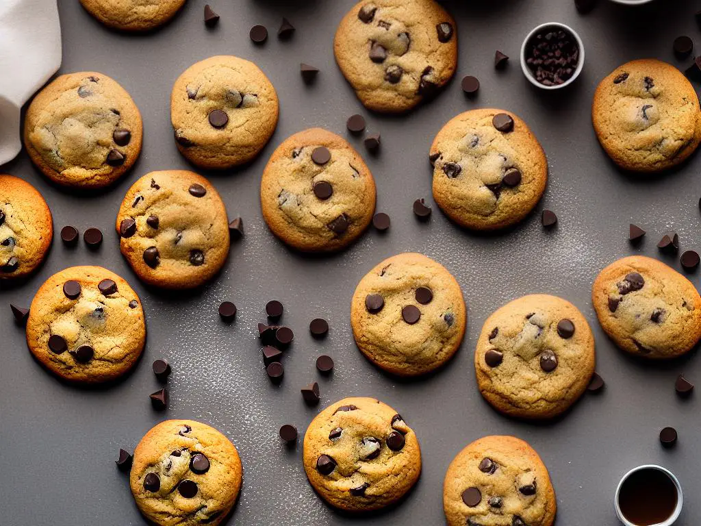 An image of freshly baked cookies with chocolate chips and a sprinkle of espresso powder on top.