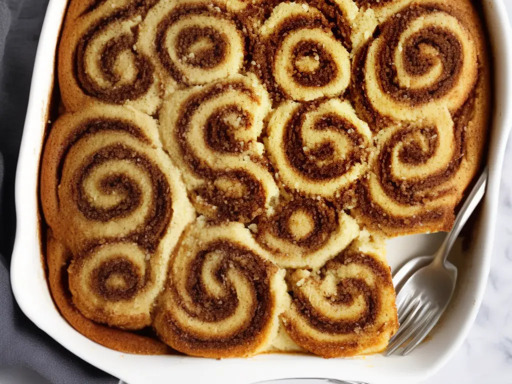 A delicious looking baked cinnamon roll in a white dish topped with white glaze.