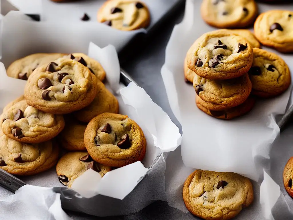An image of freshly baked cookies being stored in an airtight container with parchment paper in between each layer to prevent them from sticking together.