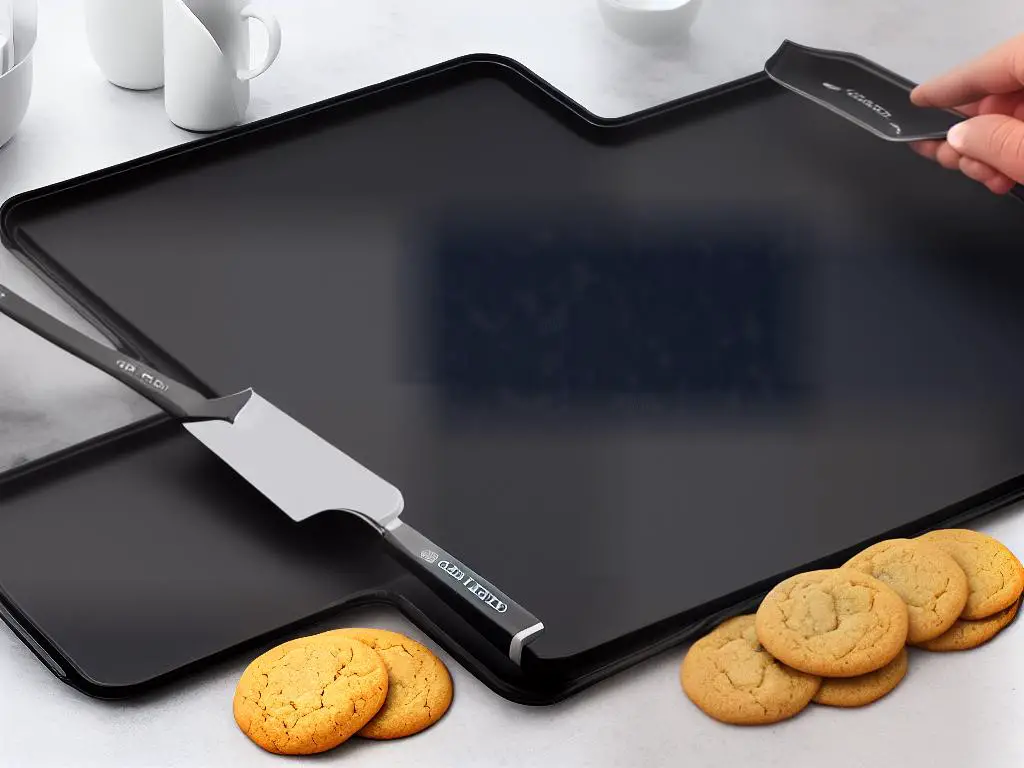 An image of the OXO Good Grips Pro Nonstick Cookie Sheet, showing its two-layer coating and its durability against scratches, stains, abrasion, and corrosion.