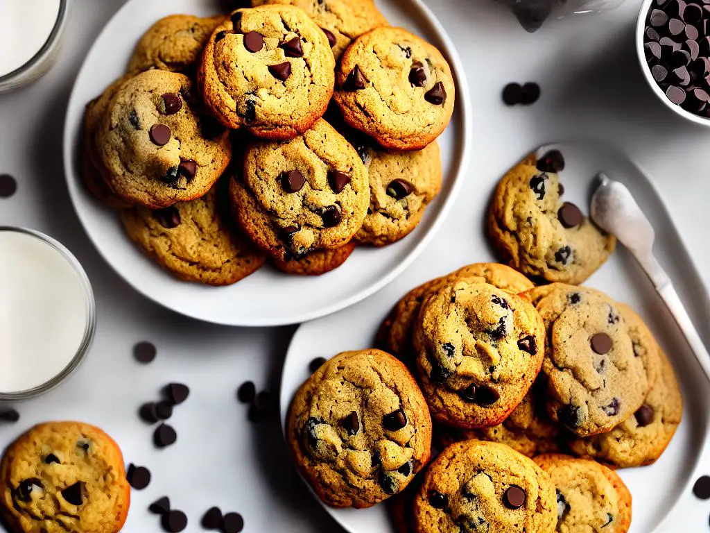 A plate with four Oatmeal Chocolate Chip Cookies with a glass of milk in the background.