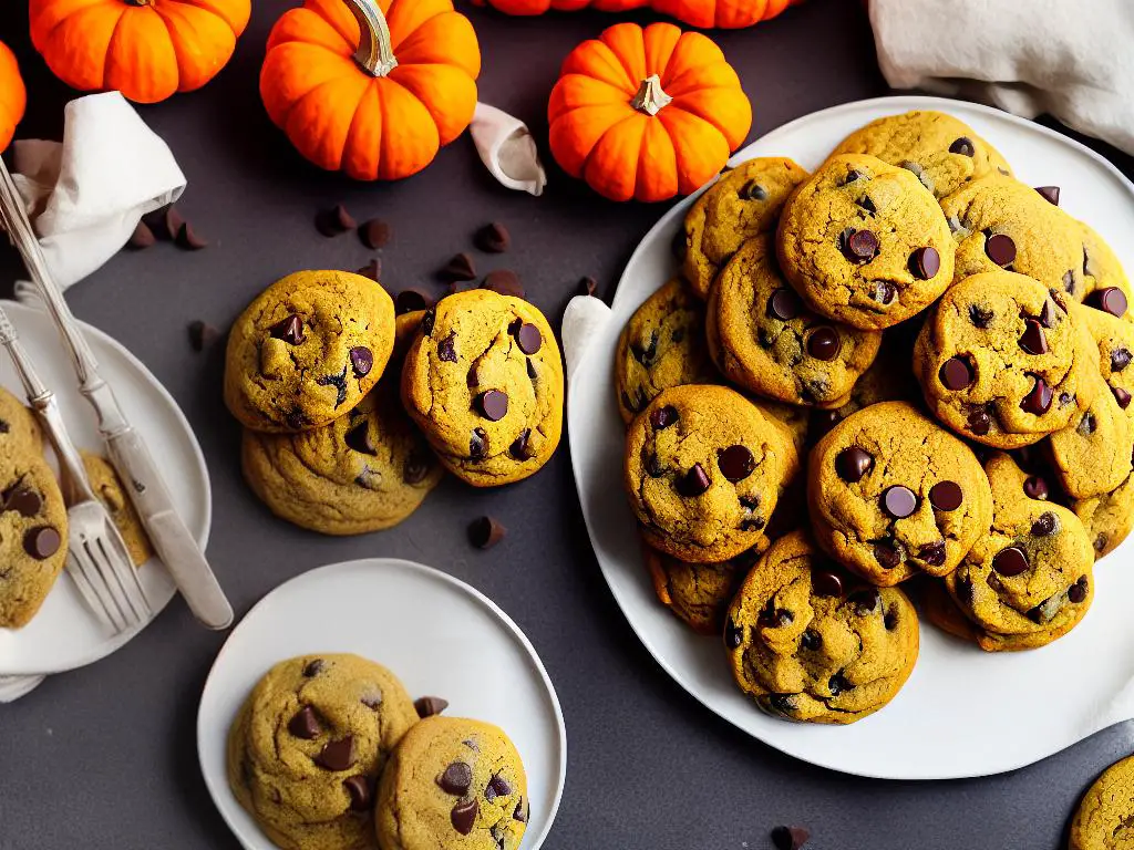 A plate of Pumpkin Chocolate Chip Cookies on an autumn-themed table setting with fallen leaves and pumpkins.