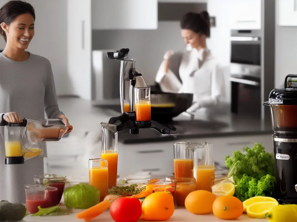 A woman uses the KitchenAid Juicer and Sauce Attachment to make fresh juice at home while vegetables and fruits are seen in the background.