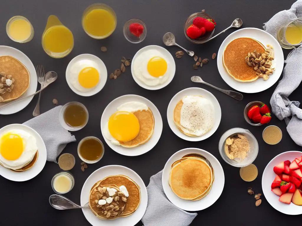 A group of breakfast dishes featuring applesauce, including pancakes, waffles, a yogurt bowl, and a smoothie. Each dish is labeled with its name and shown in an overhead view with appropriate toppings.