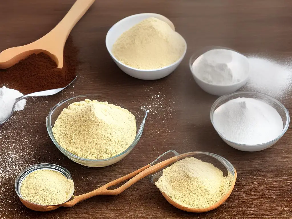 A picture of a bag of arrowroot powder and a mixing bowl with a whisk next to it, with some flour and a small container in the background.