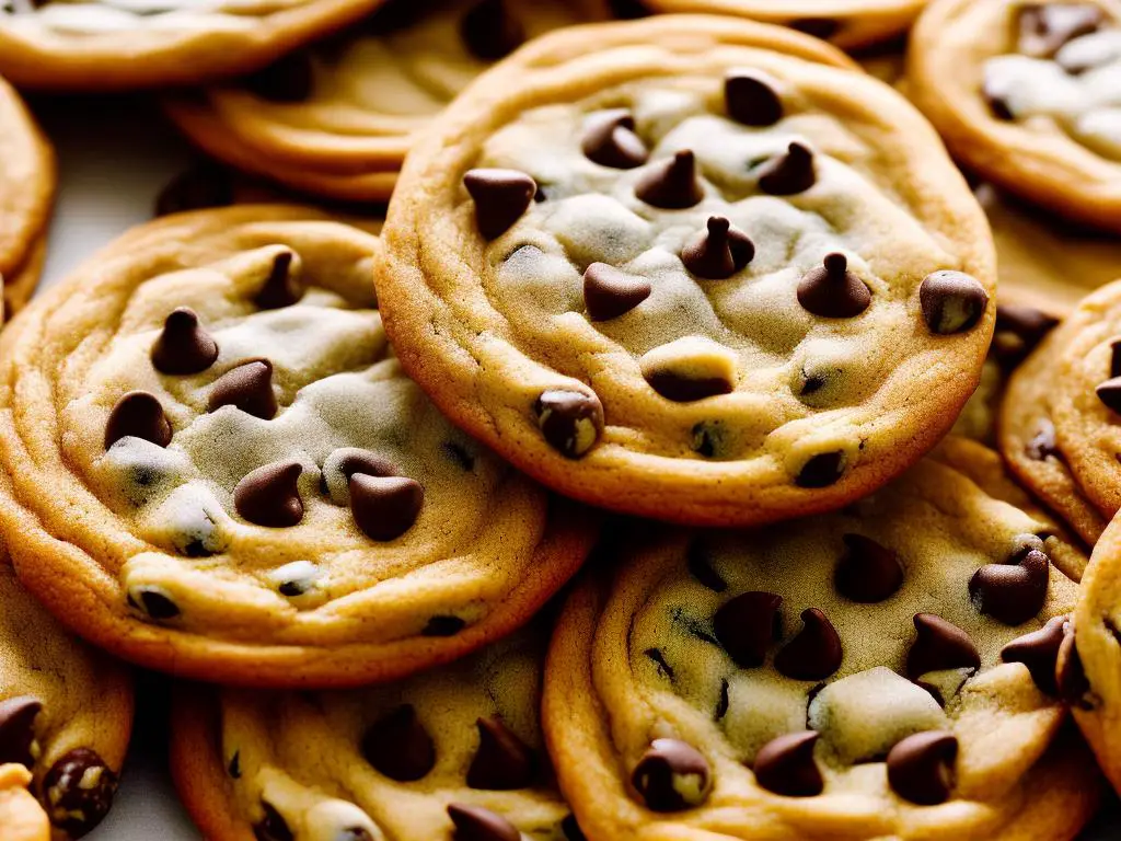 A close-up of chocolate chip cookies stored in a clear airtight container.