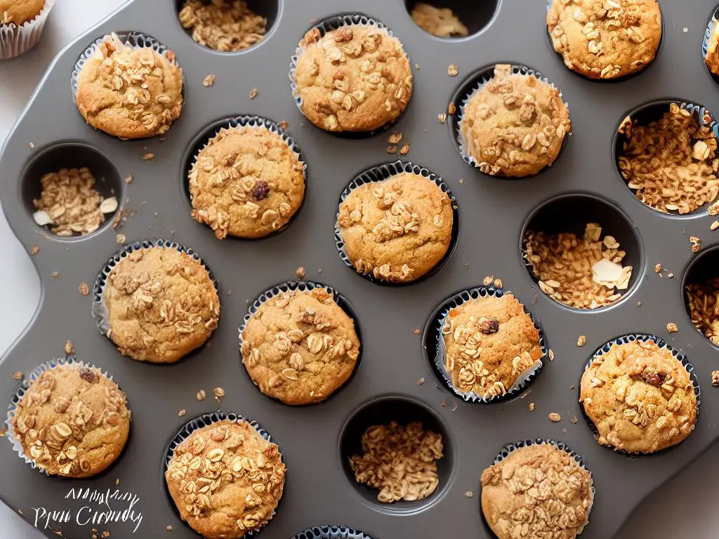 A delicious-looking muffin made with applesauce, topped with granola and crumbs.