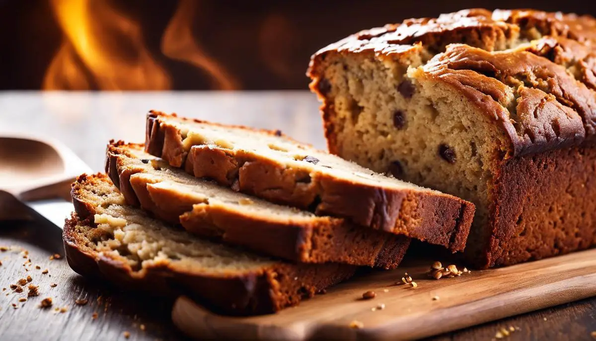 A close-up image of a freshly baked banana bread with a golden-brown crust and steam rising from the surface.