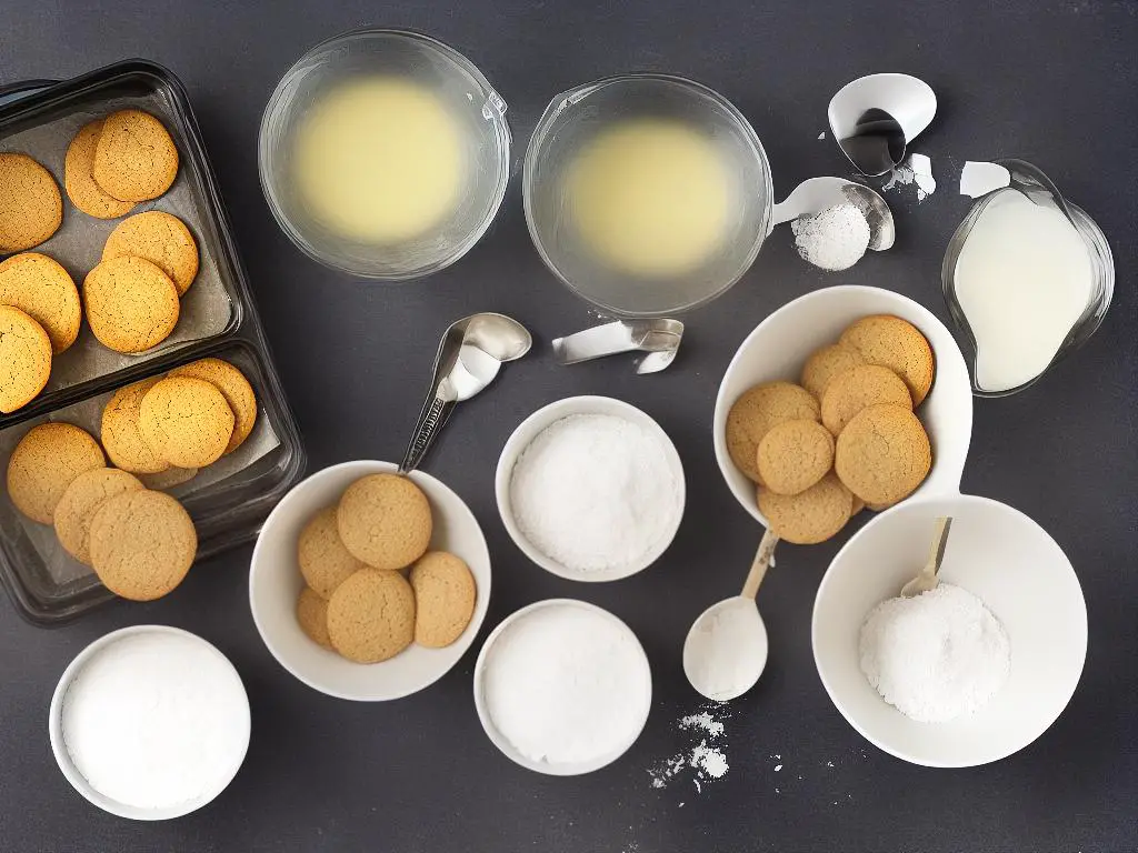 A measuring spoon set, mixing bowl, baking sheet with parchment paper, and finished cookies.