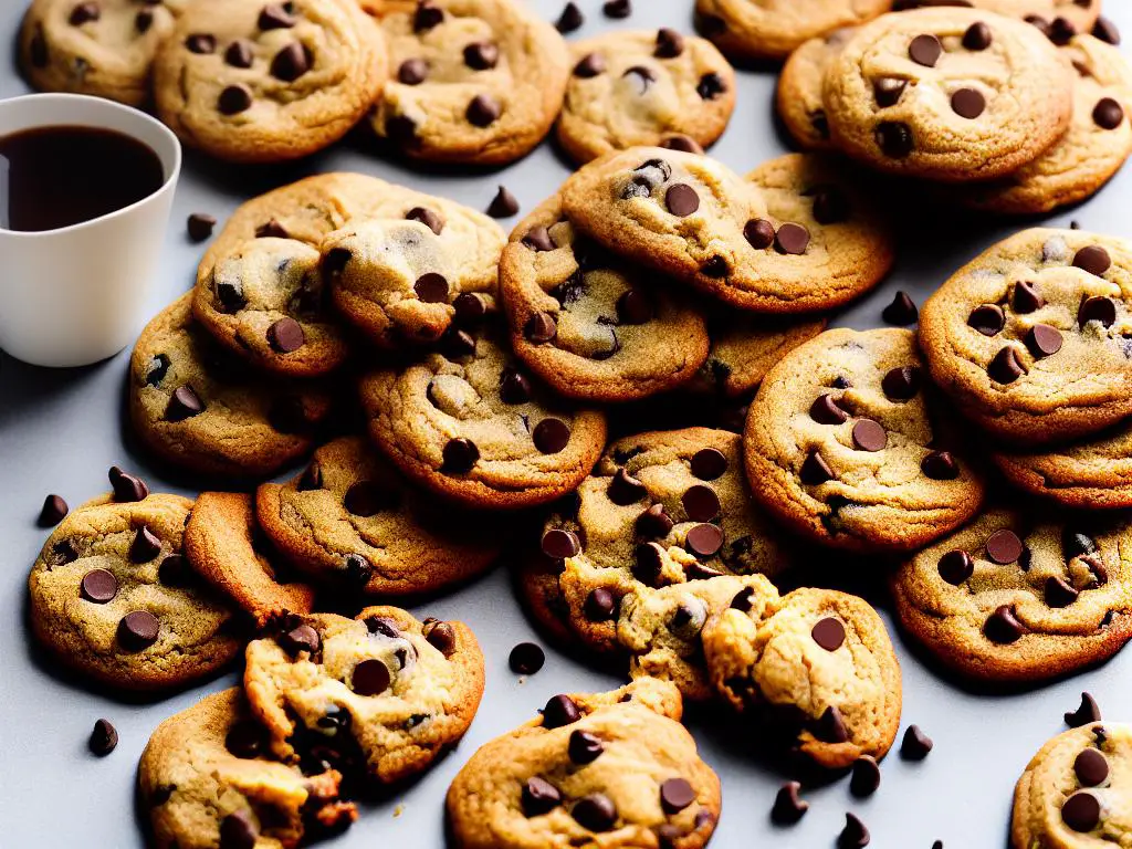 A plate of freshly baked chocolate chip cookies with browned edges and chocolate chips visible on the surface.