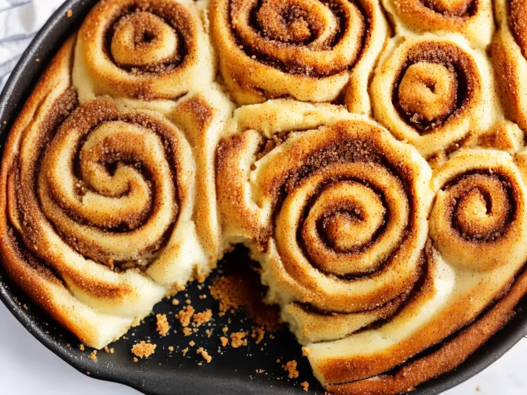 A homemade cinnamon roll in a baking dish, glazed with browned butter and cinnamon sugar