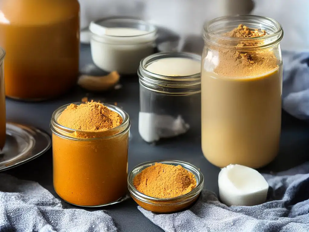 An airtight glass jar with browned butter inside a refrigerator.