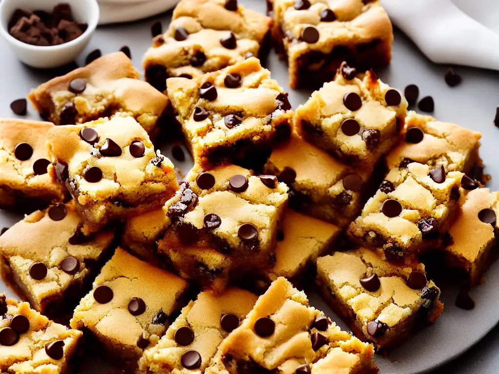 A tray of delicious browned butter blondies with a slightly gooey center, garnished with chopped nuts and chocolate chips.