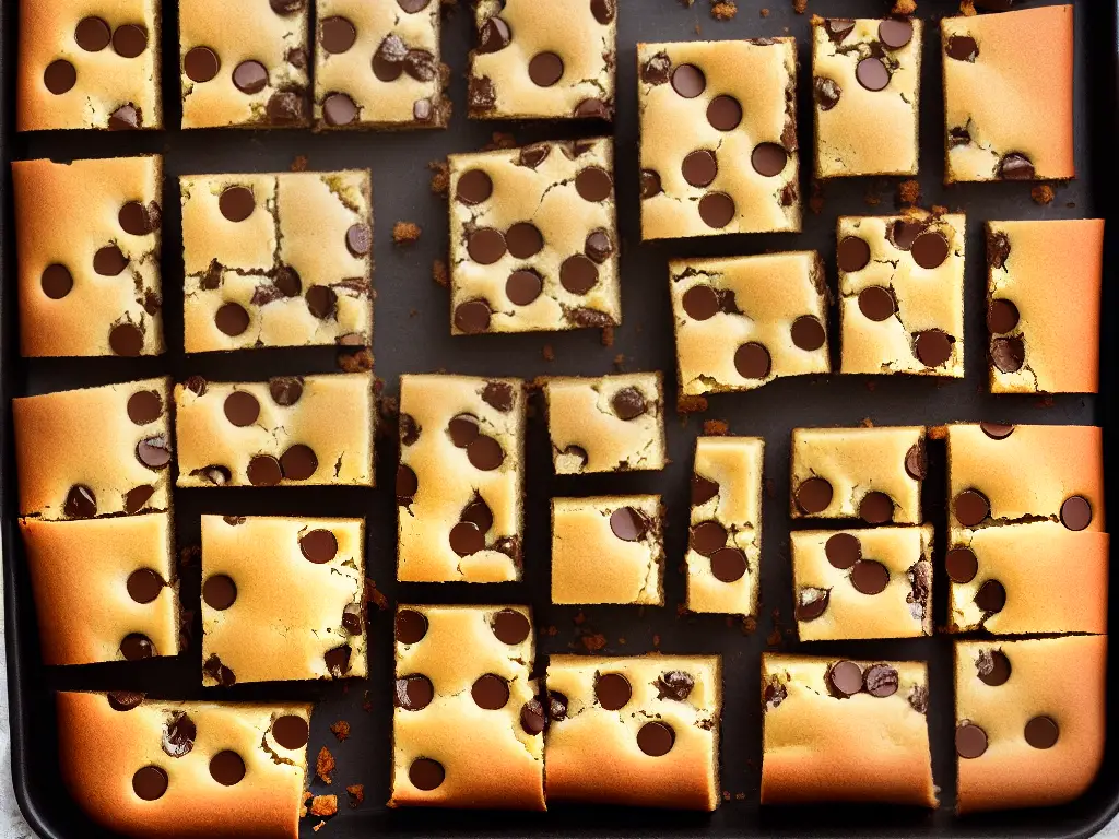 A batch of browned butter blondies sitting on baking paper in a tray, topped with chocolate chips.