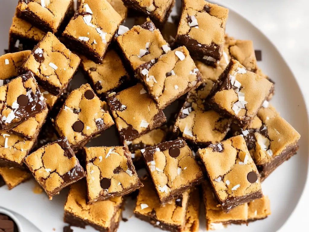 A plate of blondies cut into squares with various toppings such as nuts, chocolate chips, and pieces of coconut.