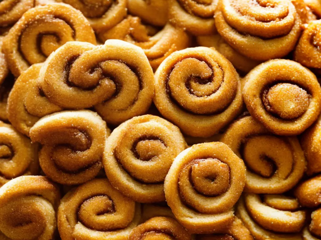 A close-up of a freshly baked cinnamon roll with a light drizzle of frosting on top. It is golden brown in color and has visible pieces of cinnamon sugar filling inside.