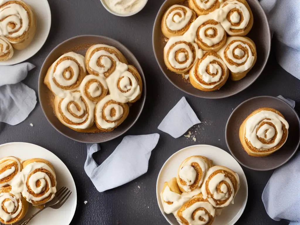 An image of two freshly baked cinnamon rolls topped with a thick layer of smooth and creamy browned butter cream cheese icing.