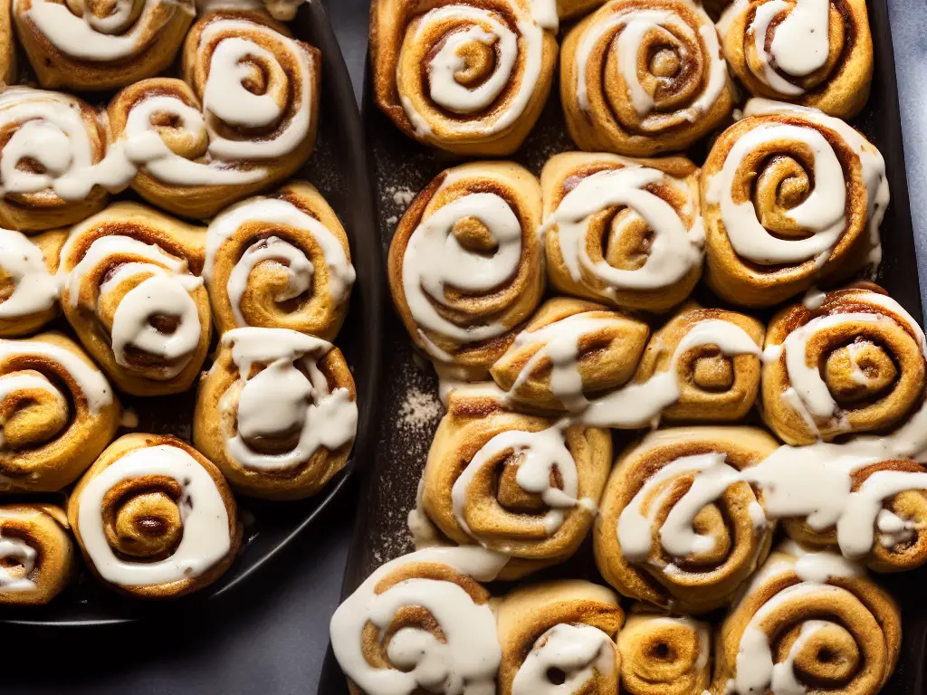 A picture of freshly baked cinnamon rolls drizzled with cream cheese frosting