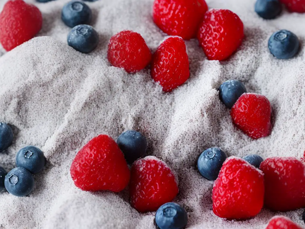 A close-up image of a frosted cake with browned butter frosting, sprinkled with powdered sugar and topped with fresh berries.