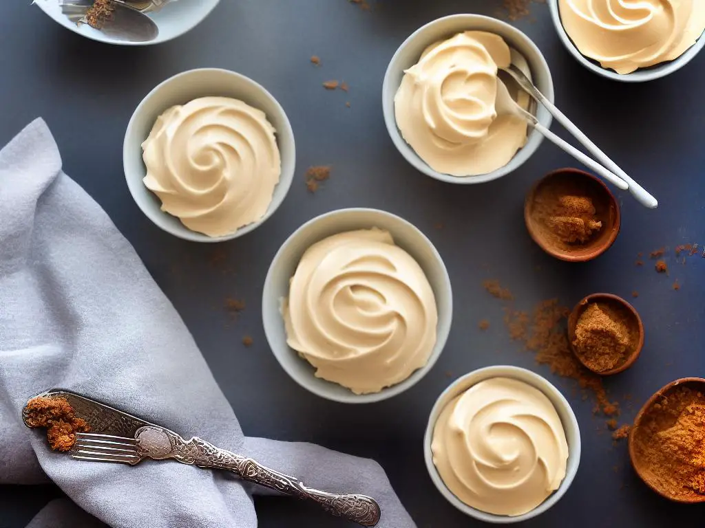 A bowl of smooth, creamy browned butter frosting, topped with a piping bag and decorating tip.