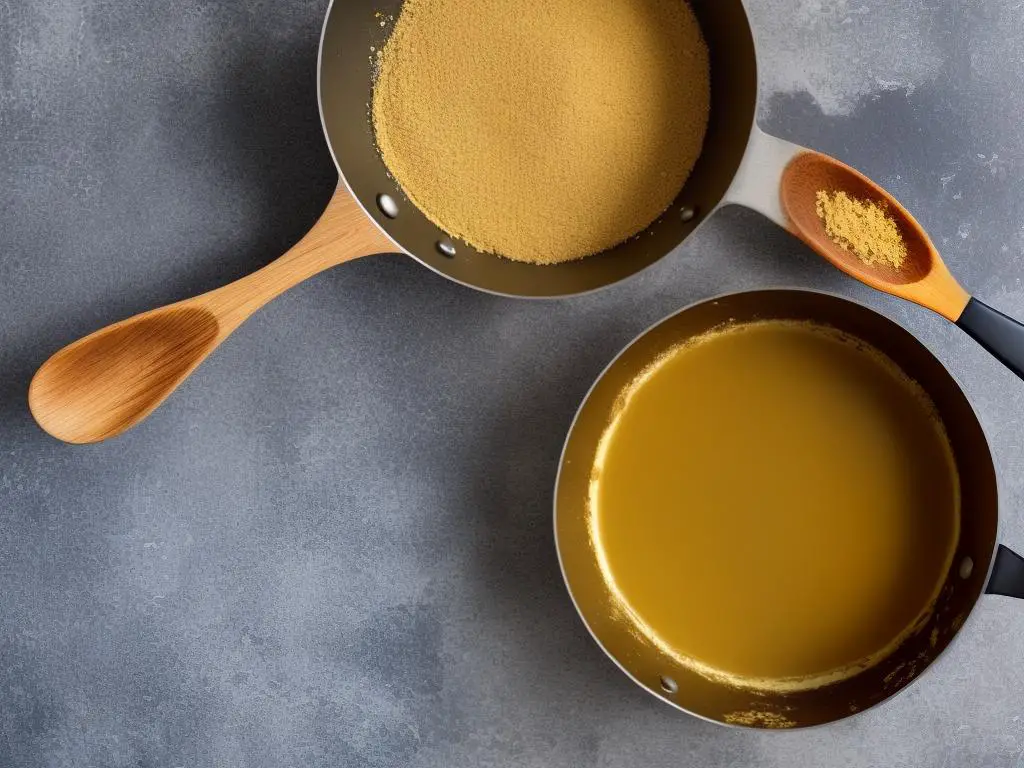 A picture of golden brown butter in a saucepan with a wooden spoon.