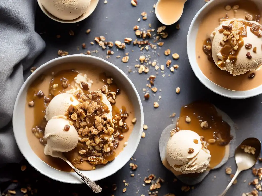 A bowl of browned butter ice cream, topped with crushed nuts and caramel sauce.