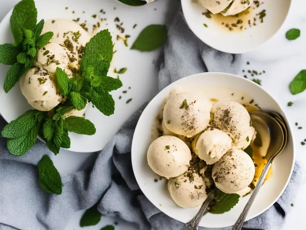 A delicious bowl of browned butter ice cream, garnished with a sprig of mint leaves.