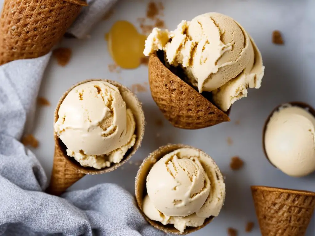 A scoop of browned butter ice cream on a cone with a nutty and creamy texture.