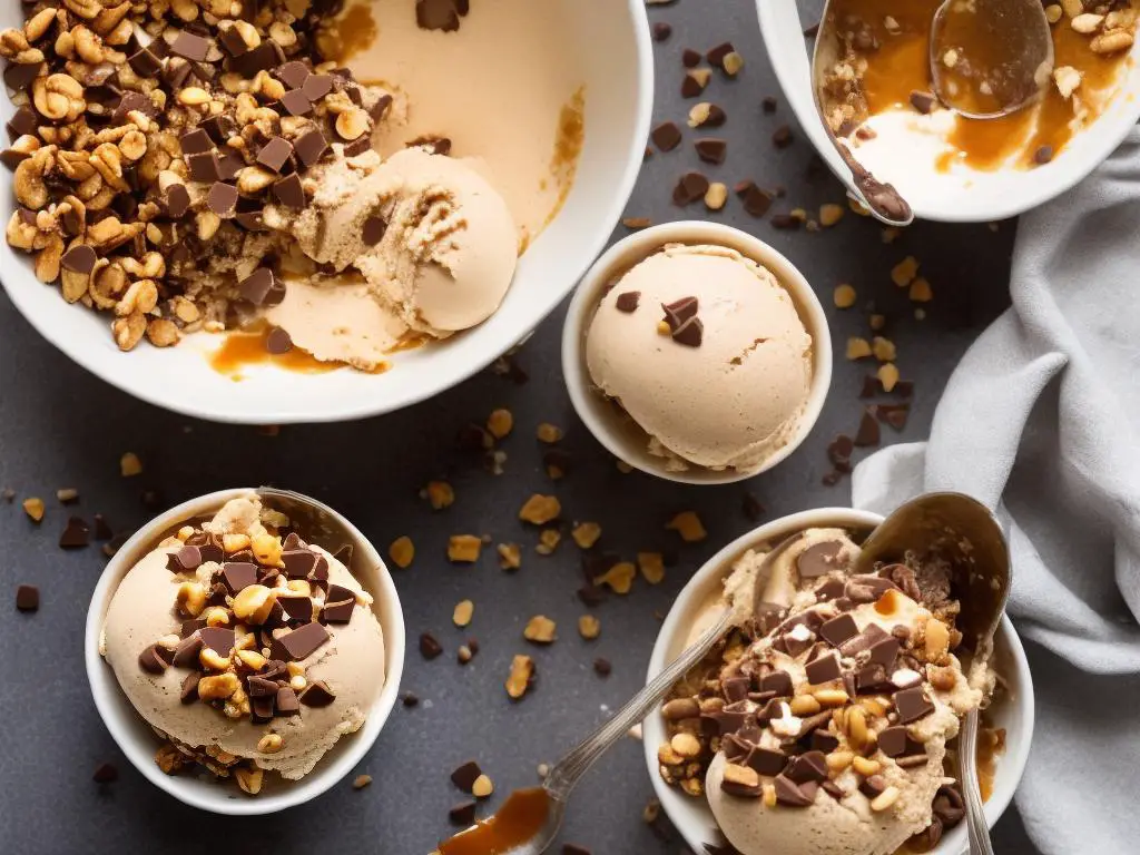 A scoop of browned butter ice cream with swirls of caramel, chopped nuts, and chocolate chunks on top.