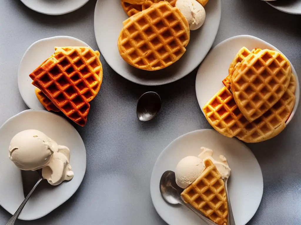 Browned butter ice cream in a waffle cone with a scoop on top