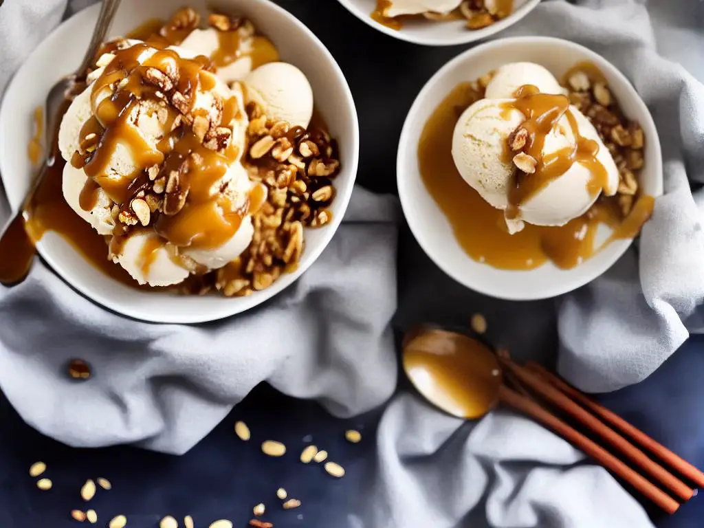 A scoop of browned butter ice cream in a bowl with a drizzle of caramel syrup and a sprinkle of chopped nuts on top.