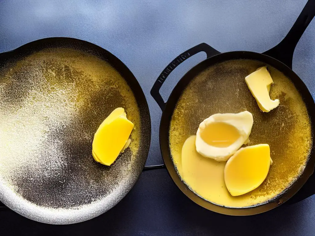 A pan with melted butter in the process of browning on a stovetop.