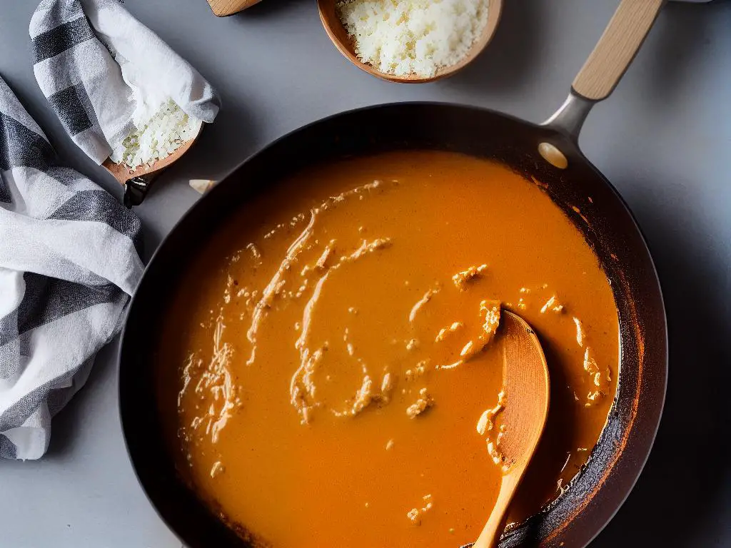 A picture of a pan of brown butter being stirred with a wooden spatula.