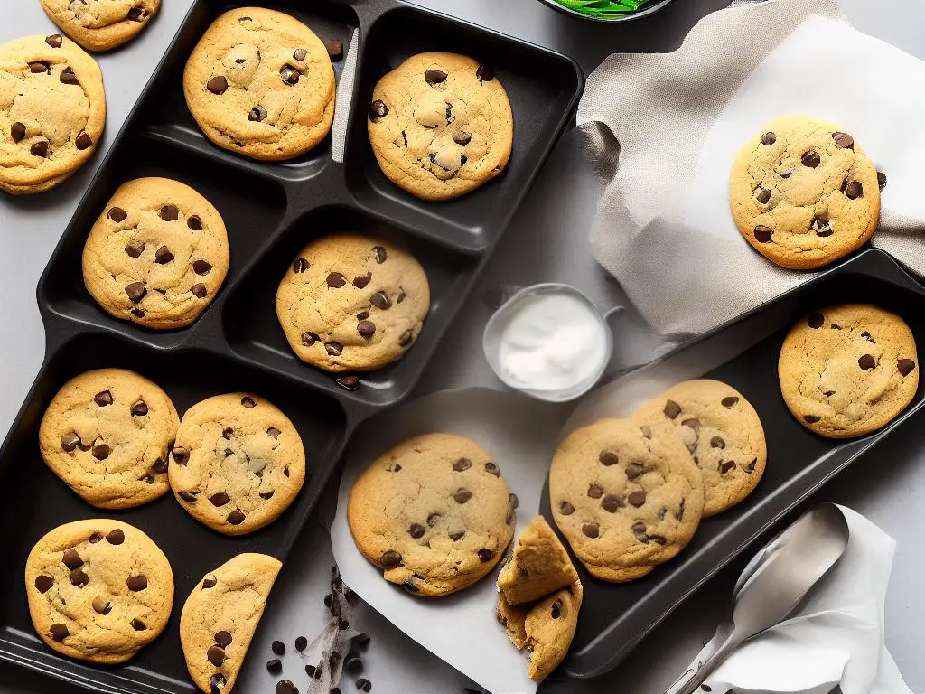 A picture of different budget-friendly cookie sheet options: Nordic Ware Natural Aluminum Commercial Baker's Half Sheet, Wilton Recipe Right Non-Stick Cookie Sheet, USA Pan Bakeware Half Sheet, AmazonBasics Silicone Baking Mat, and Vollrath 68085 Wear-Ever Cookie Sheet.