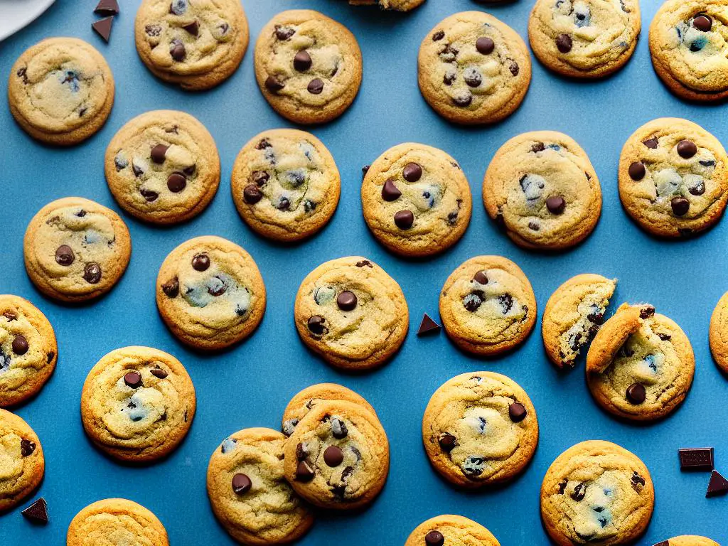 A flat metal baking sheet with a light blue non-stick coating surrounded by chocolate chip cookies, some of which are broken in half to reveal the melted chocolate chips inside.