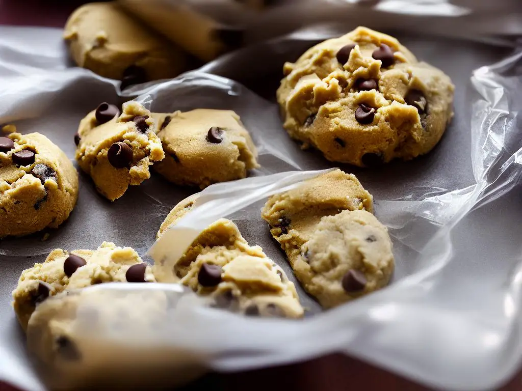 An image of shaped cookie dough wrapped in plastic wrap and stored in a fridge.