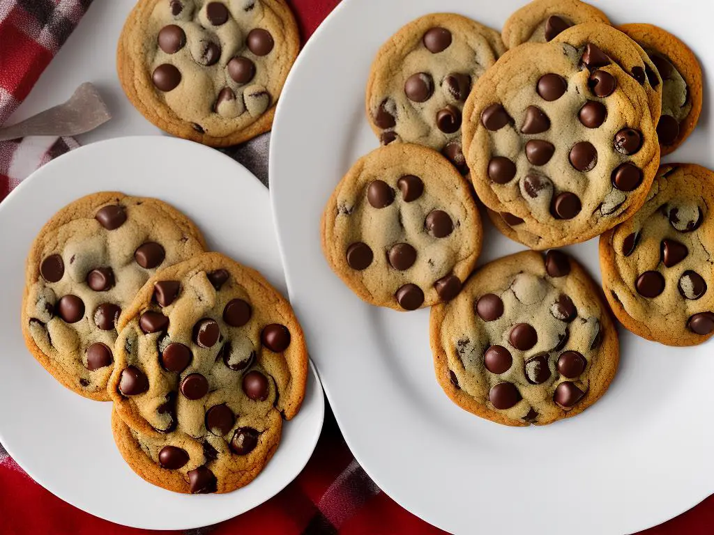 The image depicts two delicious chocolate chip cookies, one bitten into and showing the chocolate chips, while the other remains whole and on a red checkered plate. The cookies are placed on a white background with a line of cookie crumbs nearby.