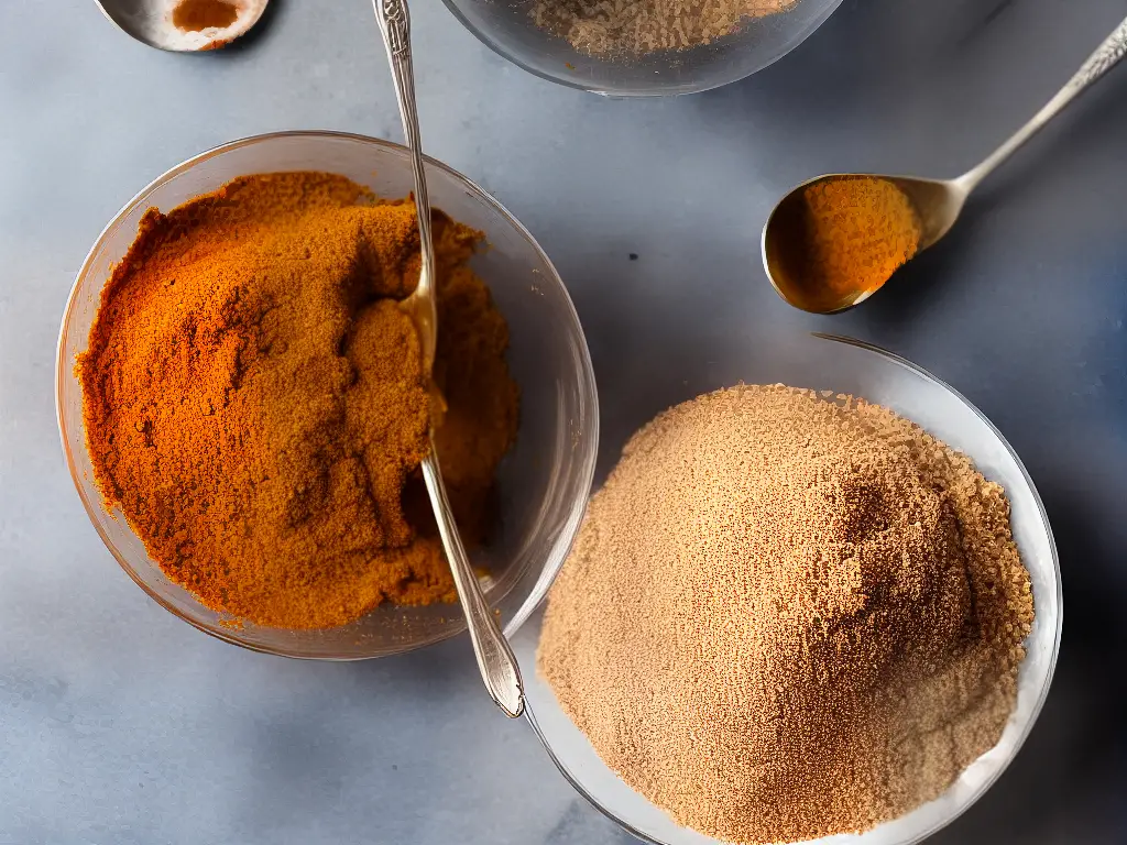 A picture of a bowl filled with brown sugar, ground cinnamon and ground nutmeg, with a spoon mixing the ingredients.