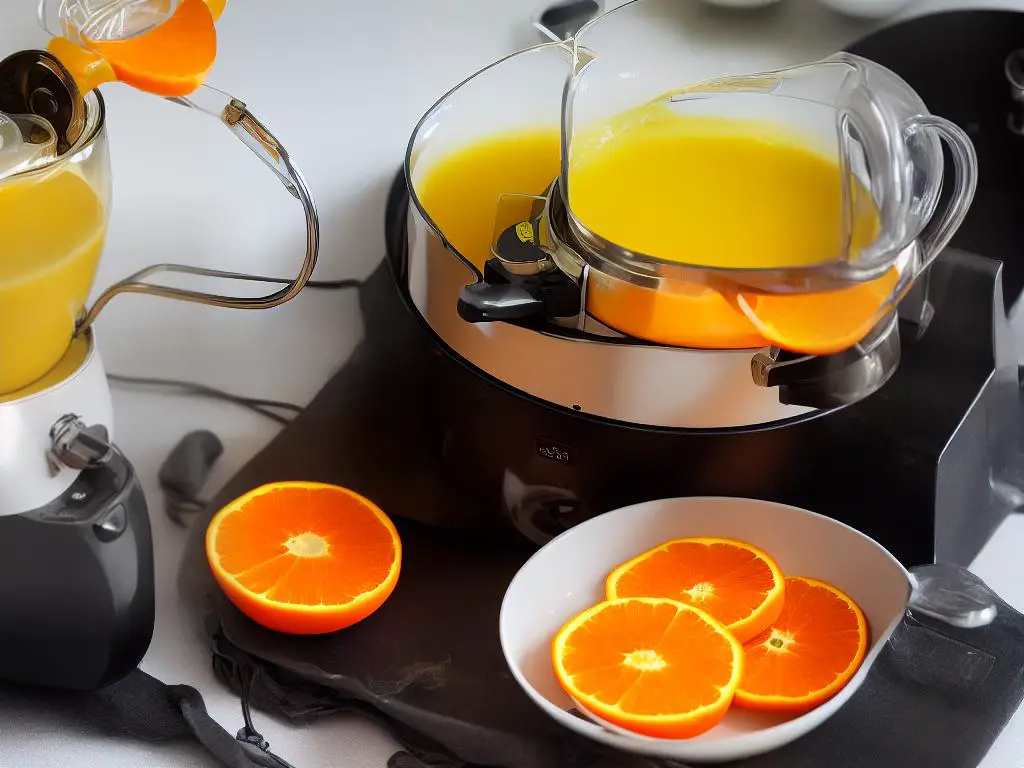 A picture of the Citrus Juicer Attachment attached to a KitchenAid mixer extracting juice from an orange.