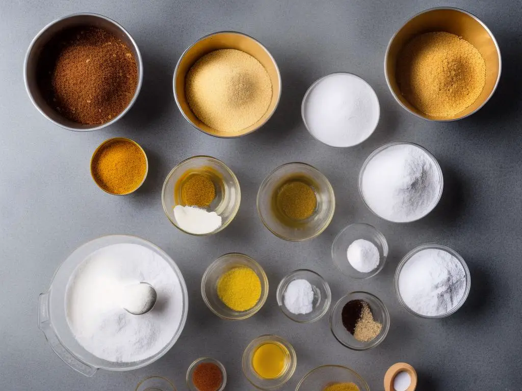 A bowl filled with ingredients like flour, butter, brown sugar, eggs, vanilla extract, baking soda, and salt for baking cookies.