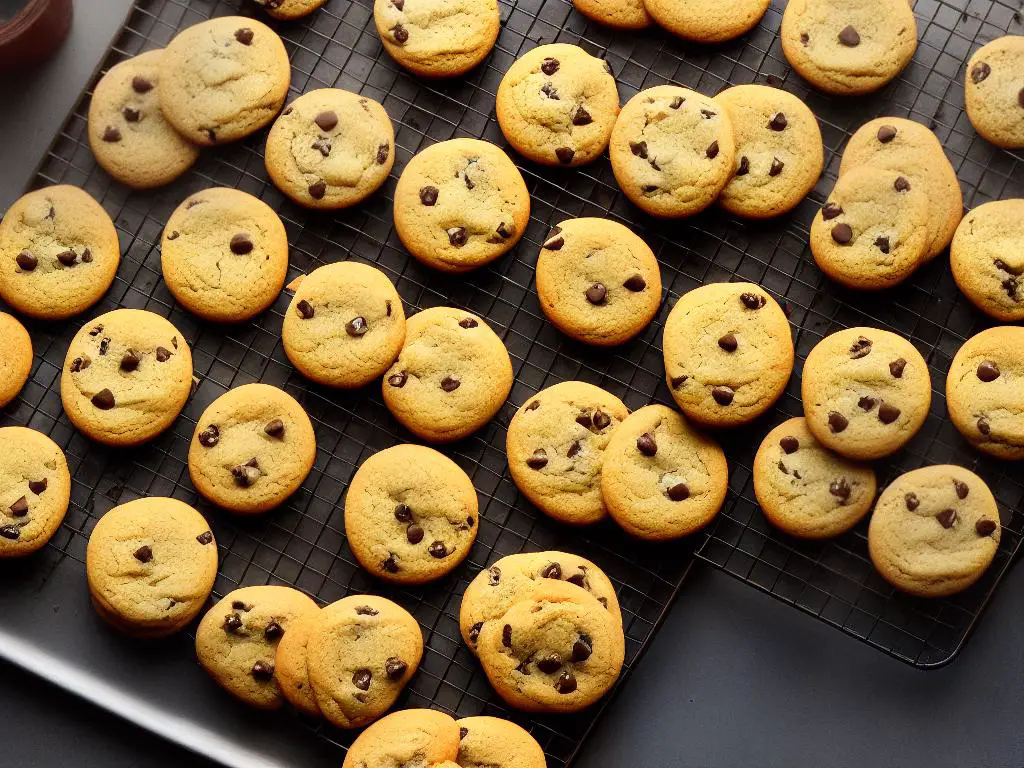 An image of a baking sheet in an oven with cookies on it. The cookies are golden brown and have started to spread out.