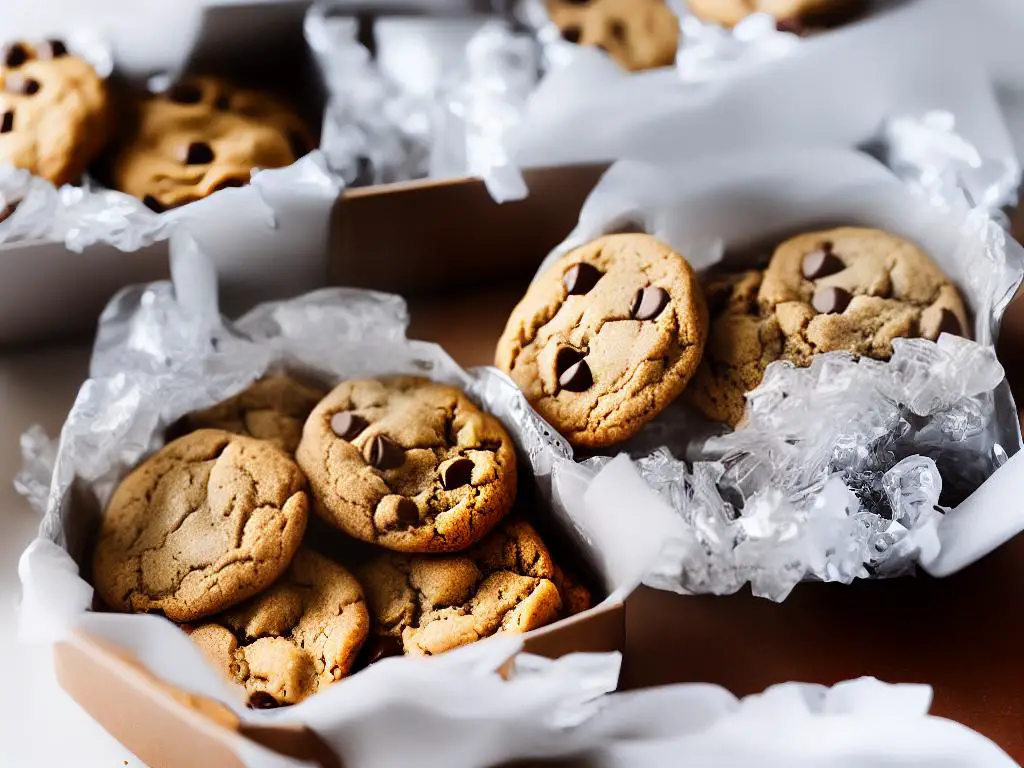 A picture of a cookie care package with a plastic container filled with cookies cushioned with bubble wrap and surrounded by packing peanuts in a cardboard box marked as fragile.