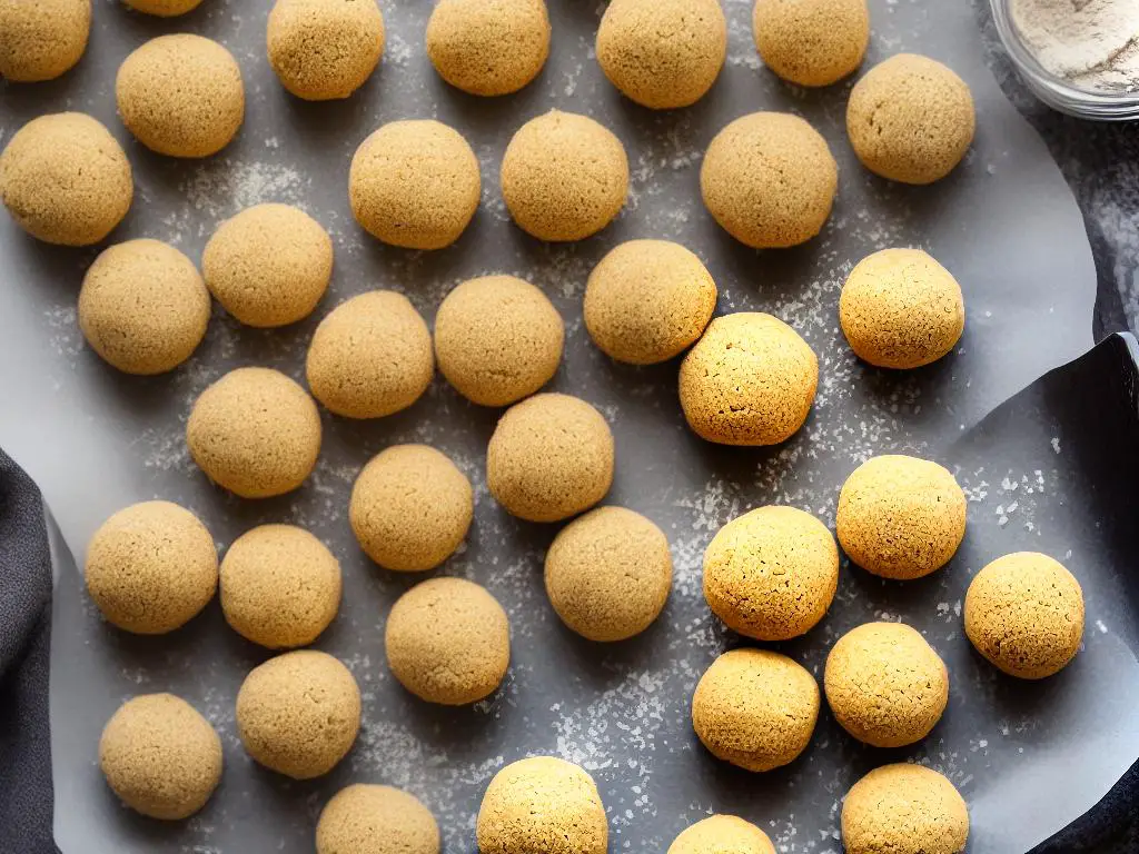 An image of a plate of frozen cookie dough balls spread out on a baking sheet.