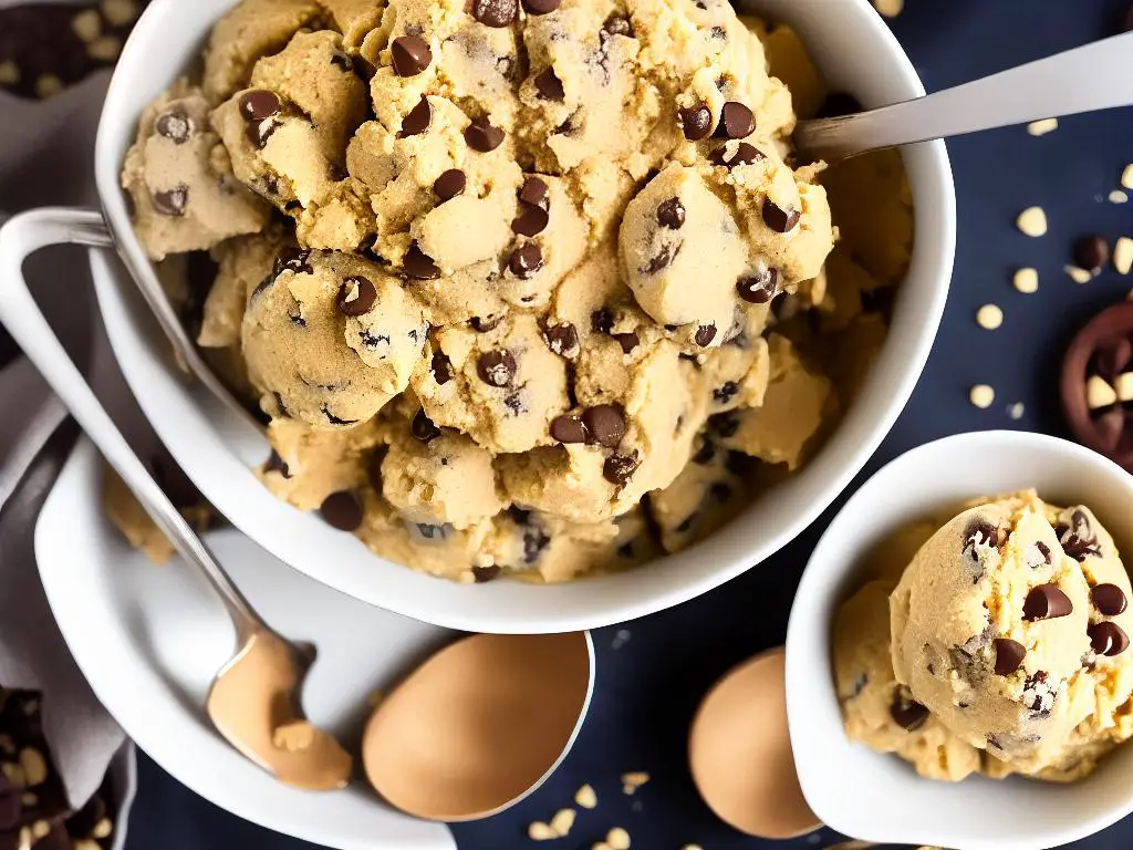 A bowl of cookie dough with a scoop, ready to be frozen.