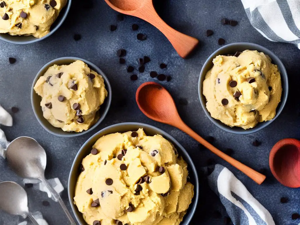 A bowl of cookie dough with a wooden spoon in it.