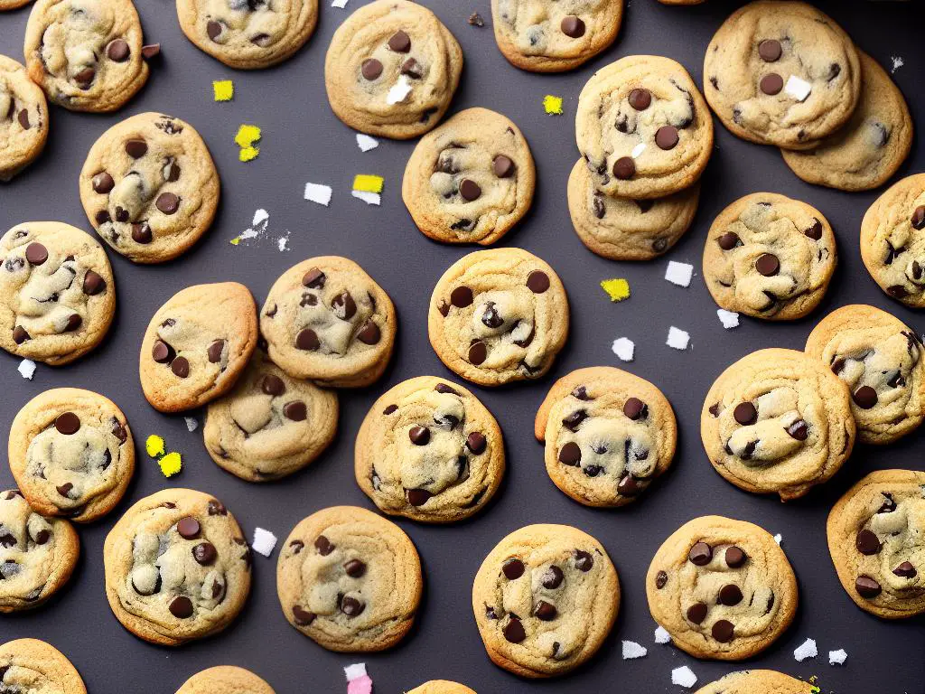 An image of chocolate chip cookies that are individually wrapped and stacked, some with bows and tags. The background is white with colorful confetti scattered in a pattern.